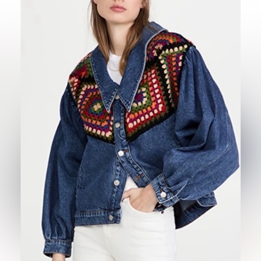 Farm Rio X Anthropologie Crochet Denim Trucker Jacket SZ Medium